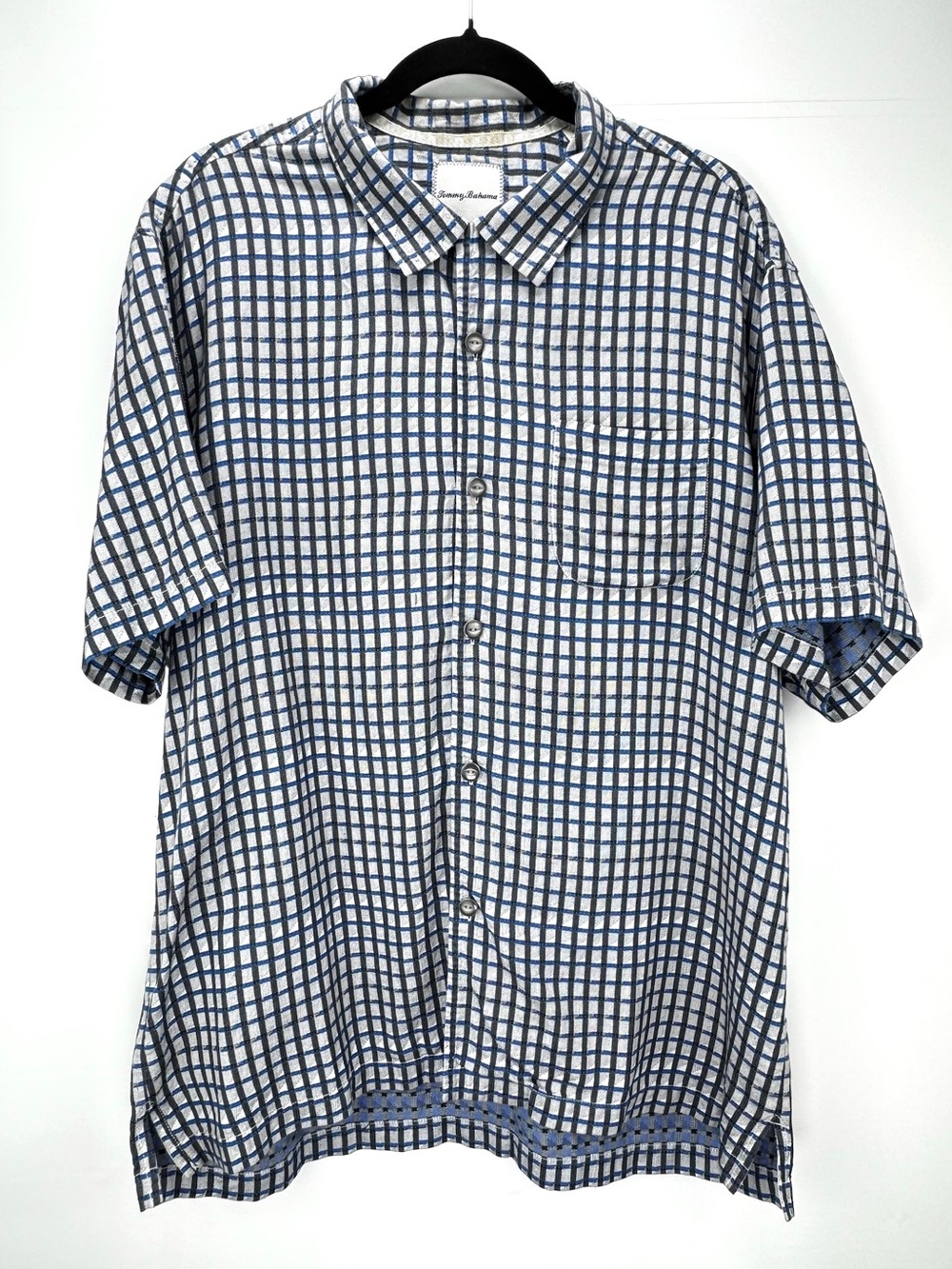 Tommy Bahama Blue and White Checked Short Sleeve Button-Down - Silk & Cotton